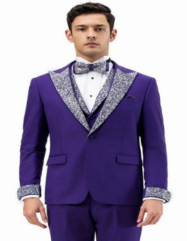 Purple and Silver Prom Tuxedo - Perfect Wedding Suit Vested rhinestone sequin Lapelled