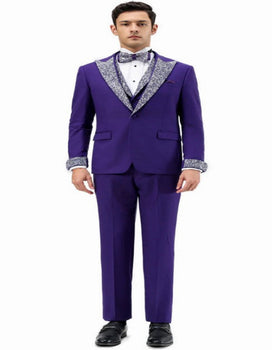 Purple and Silver Prom Tuxedo - Perfect Wedding Suit Vested rhinestone sequin Lapelled