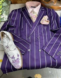 Mens Double Breasted Blazer Suit Jacket - Bold Pinstripe Sport Coat in Purple and White Pinstripe