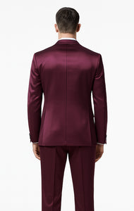 Men's Purple Satin Skinny Fit 3 Piece Tazzio Suit with Double Breasted Vest and Peak Lapel Jacket - Image 3