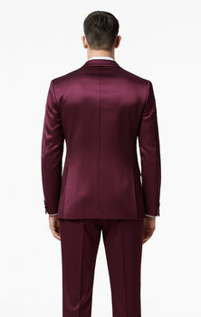 Men's Purple Satin Skinny Fit 3 Piece Tazzio Suit with Double Breasted Vest and Peak Lapel Jacket - Image 3
