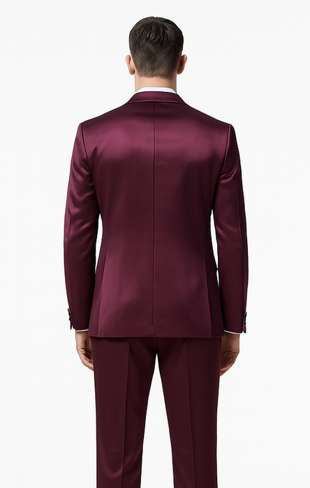 Men's Purple Satin Skinny Fit 3 Piece Tazzio Suit with Double Breasted Vest and Peak Lapel Jacket