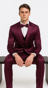 Men's Purple Satin Skinny Fit 3 Piece Tazzio Suit with Double Breasted Vest and Peak Lapel Jacket