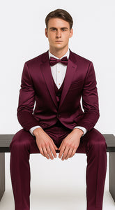 Men's Purple Satin Skinny Fit 3 Piece Tazzio Suit with Double Breasted Vest and Peak Lapel Jacket - Image 4