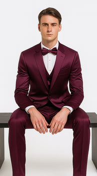 Men's Purple Satin Skinny Fit 3 Piece Tazzio Suit with Double Breasted Vest and Peak Lapel Jacket - Image 4