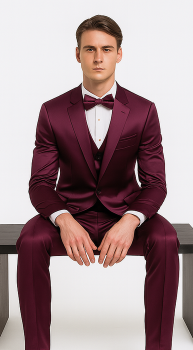 Men's Purple Satin Skinny Fit 3 Piece Tazzio Suit with Double Breasted Vest and Peak Lapel Jacket
