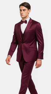 Men's Purple Satin Skinny Fit 3 Piece Tazzio Suit with Double Breasted Vest and Peak Lapel Jacket