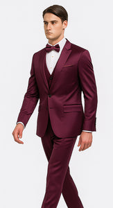 Men's Purple Satin Skinny Fit 3 Piece Tazzio Suit with Double Breasted Vest and Peak Lapel Jacket - Image 5