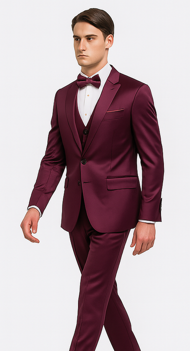 Men's Purple Satin Skinny Fit 3 Piece Tazzio Suit with Double Breasted Vest and Peak Lapel Jacket