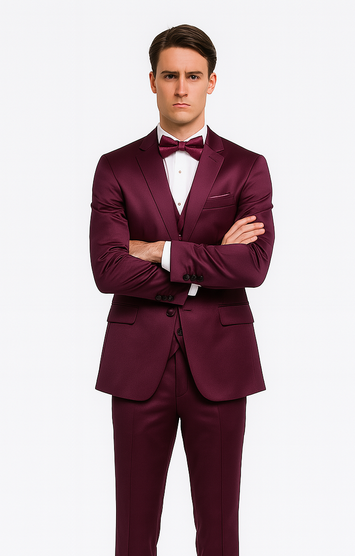 Men's Purple Satin Skinny Fit 3 Piece Tazzio Suit with Double Breasted Vest and Peak Lapel Jacket - Image 2