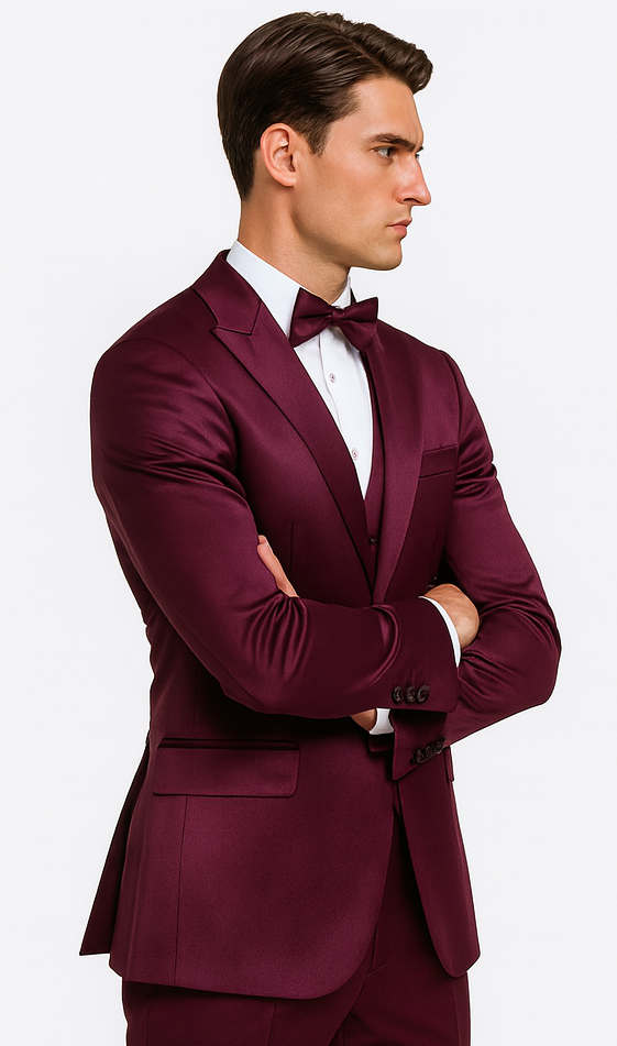 Men's Purple Satin Skinny Fit 3 Piece Tazzio Suit with Double Breasted Vest and Peak Lapel Jacket - Image 6