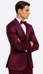 Men's Purple Satin Skinny Fit 3 Piece Tazzio Suit with Double Breasted Vest and Peak Lapel Jacket