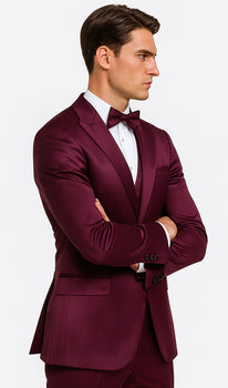 Men's Purple Satin Skinny Fit 3 Piece Tazzio Suit with Double Breasted Vest and Peak Lapel Jacket - Image 6