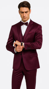 Men's Purple Satin Skinny Fit 3 Piece Tazzio Suit with Double Breasted Vest and Peak Lapel Jacket - Image 7