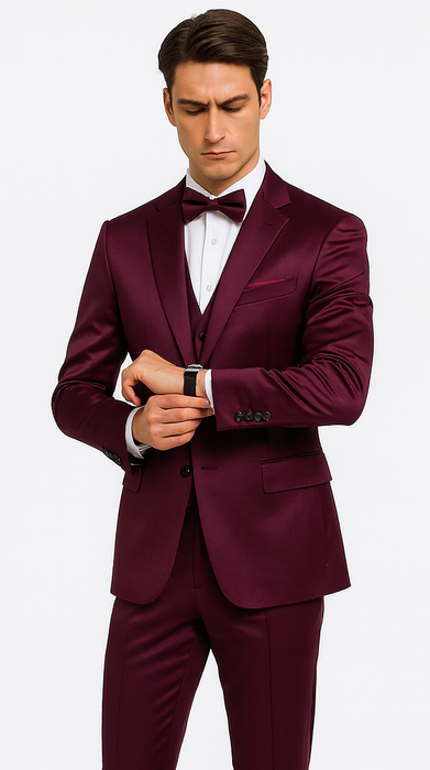 Men's Purple Satin Skinny Fit 3 Piece Tazzio Suit with Double Breasted Vest and Peak Lapel Jacket