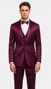 Men's Purple Satin Skinny Fit 3 Piece Tazzio Suit with Double Breasted Vest and Peak Lapel Jacket