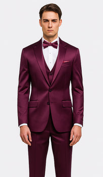 Men's Purple Satin Skinny Fit 3 Piece Tazzio Suit with Double Breasted Vest and Peak Lapel Jacket