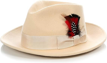 Gangster 100% Australian Wool Crushable Mens Fedora Hat - Removable Feather Gangster  Tan Mens Fedora Hat
