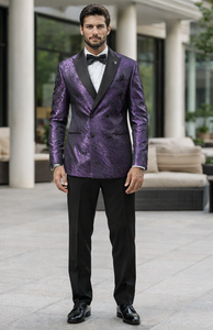 Purple Jacquard Prom Tuxedo Jacket – Double-Breasted Satin Peak Lapel