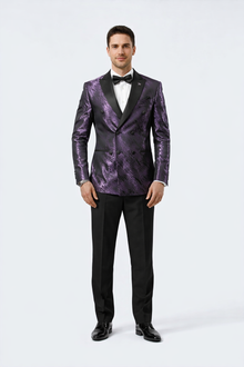 Purple Jacquard Prom Tuxedo Jacket – Double-Breasted Satin Peak Lapel