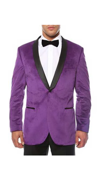 Purple Men'S 1 Button Shawl Lapel Black Velvet Sheen Two Toned With Black Lapel Side Vented Slim Fit