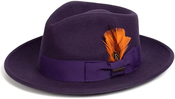 Gangster 100% Australian Wool Crushable Mens Fedora Hat - Removable Feather Gangster Purple Mens Fedora Hat