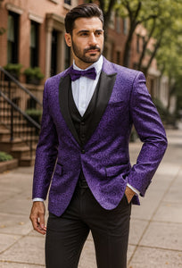 Purple Paisley-200VP  Two Toned Paisley Blazer or Tuxedo Suit + Pants Vested + Black Lapel Blazer Looking