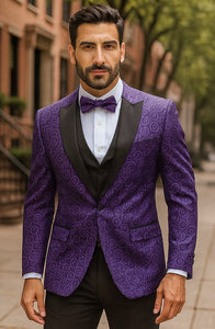 Purple Paisley-200VP  Two Toned Paisley Blazer or Tuxedo Suit + Pants Vested + Black Lapel Blazer Looking