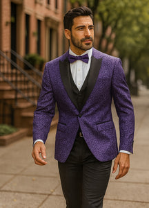 Purple Paisley-200VP  Two Toned Paisley Blazer or Tuxedo Suit + Pants Vested + Black Lapel Blazer Looking