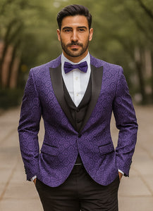 Purple Paisley-200VP  Two Toned Paisley Blazer or Tuxedo Suit + Pants Vested + Black Lapel Blazer Looking