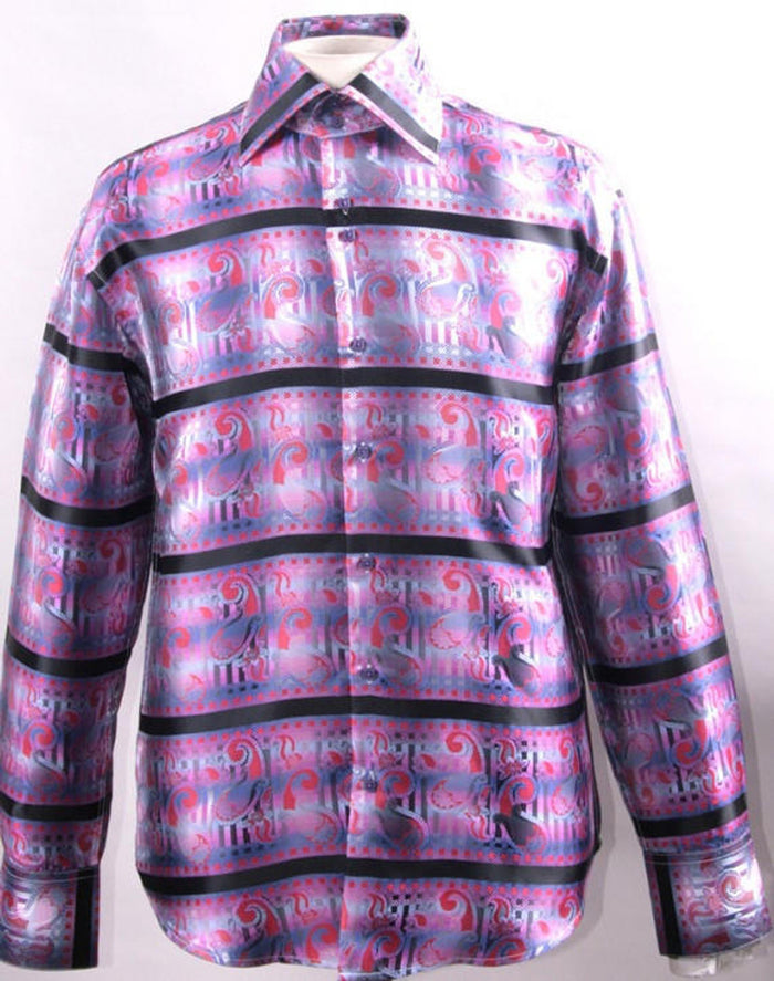Mens Paisley Stripe High Collar Purple Shirt