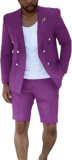 Mens Suits With Shorts - Double breasted Style Purple With Gold Buttons