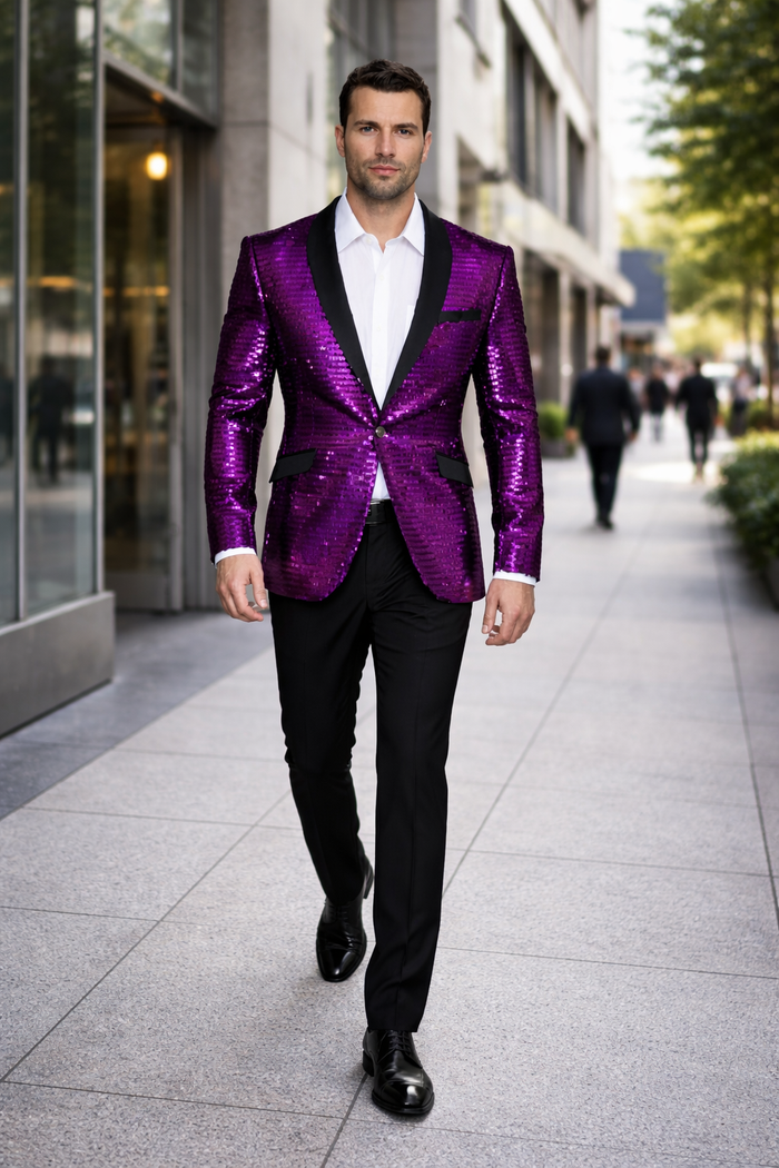 Men'S Purple Shiny Sequin Paisley 1 Button Blazer Dinner Jacket Sport Coat Jacket Sharkskin Flashy Stage Available In Peak Lapel - Image 3