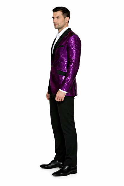 Men'S Purple Shiny Sequin Paisley 1 Button Blazer Dinner Jacket Sport Coat Jacket Sharkskin Flashy Stage Available In Peak Lapel - Image 2