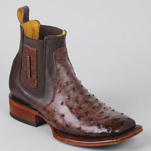 Mens Quincy Boots Short Ostrich Print Western Boots Square Toe - Brown