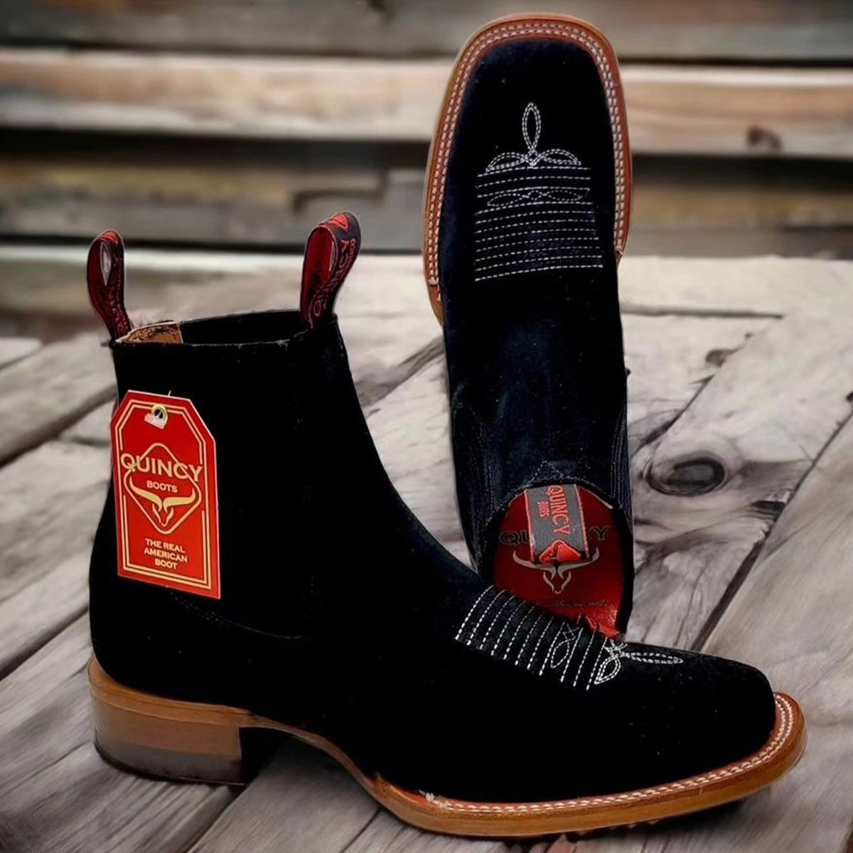 Mens Black Suede Boots - Square Toe - Image 2