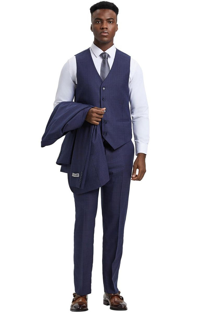 Men's Stacy Adams Vested One Button Wide Peak Lapel Windowpane Plaid Suit in Eggplant Purple - Image 3