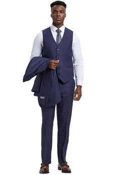 Men's Stacy Adams Vested One Button Wide Peak Lapel Windowpane Plaid Suit in Eggplant Purple - Image 3