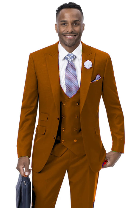 Modern Fit Wide Lapel Suit - Peak Lapel Suit with Double breasted Vest in Black - Navy Blue - Gold - Charcoal - Brown - Purple - Hunter