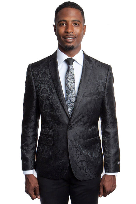 Mens Black Blazer - Men's Slim Fit Two Button Blazer in Black Paisley