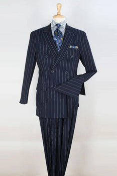 Apollo King Designer Brand Mens Double Breasted 1920s Wide Bold Gangster Pinstripe Suit in Navy