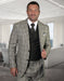 Mens 2 Button Wide Peak Lapel Suit with Double Breasted Shawl Lapel Vest in Olive Windowpane