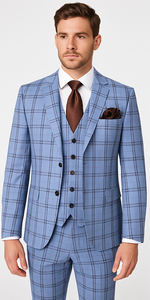 Rossi Man MAX RM1822 Slim Fit 3-Piece Suit – Premium Light Blue & Brown Plaid Formal Suit for Men