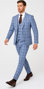 Rossi Man MAX RM1822 Slim Fit 3-Piece Suit – Premium Light Blue & Brown Plaid Formal Suit for Men