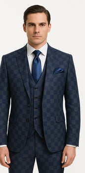 Rossi Man MAX Collection RM1838 – Modern Slim Fit 3-Piece Navy Check Suit for Men