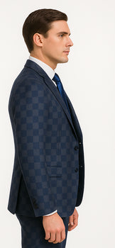 Rossi Man MAX Collection RM1838 – Modern Slim Fit 3-Piece Navy Check Suit for Men