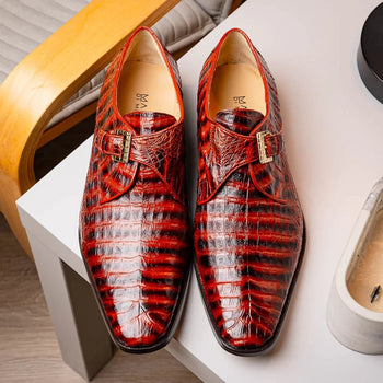 Marco Di Milano Rovigo Men's Shoes Cognac Exotic Crocodile Skin Single Monk-strap Loafers - Image 8