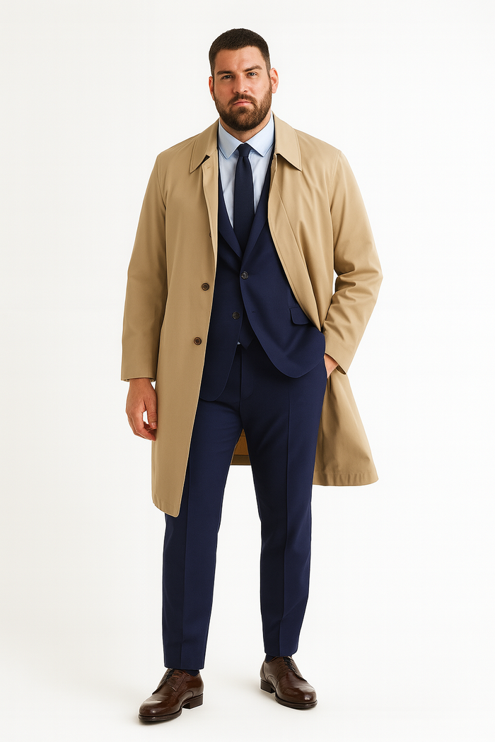 Mens Beige Trench Coat – Classic Long Overcoat with Button Front - Raincoat in Khaki Color - Image 3