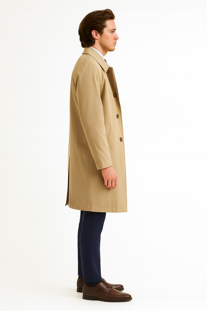 Mens Beige Trench Coat – Classic Long Overcoat with Button Front - Raincoat in Khaki Color - Image 2