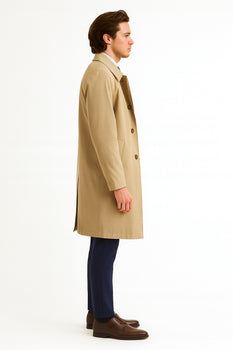Mens Beige Trench Coat – Classic Long Overcoat with Button Front - Raincoat in Khaki Color - Image 2